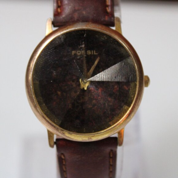 Fossil Brown Dial Unisex Watch Gold Case Leather Band 40mm Diamon Crystal Style - Picture 3 of 9